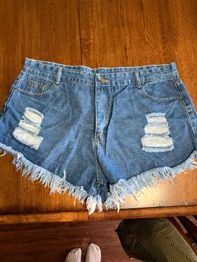 Women’s Distressed Denim Frayed Hem Jean Shorts - Light Blue, 2xl